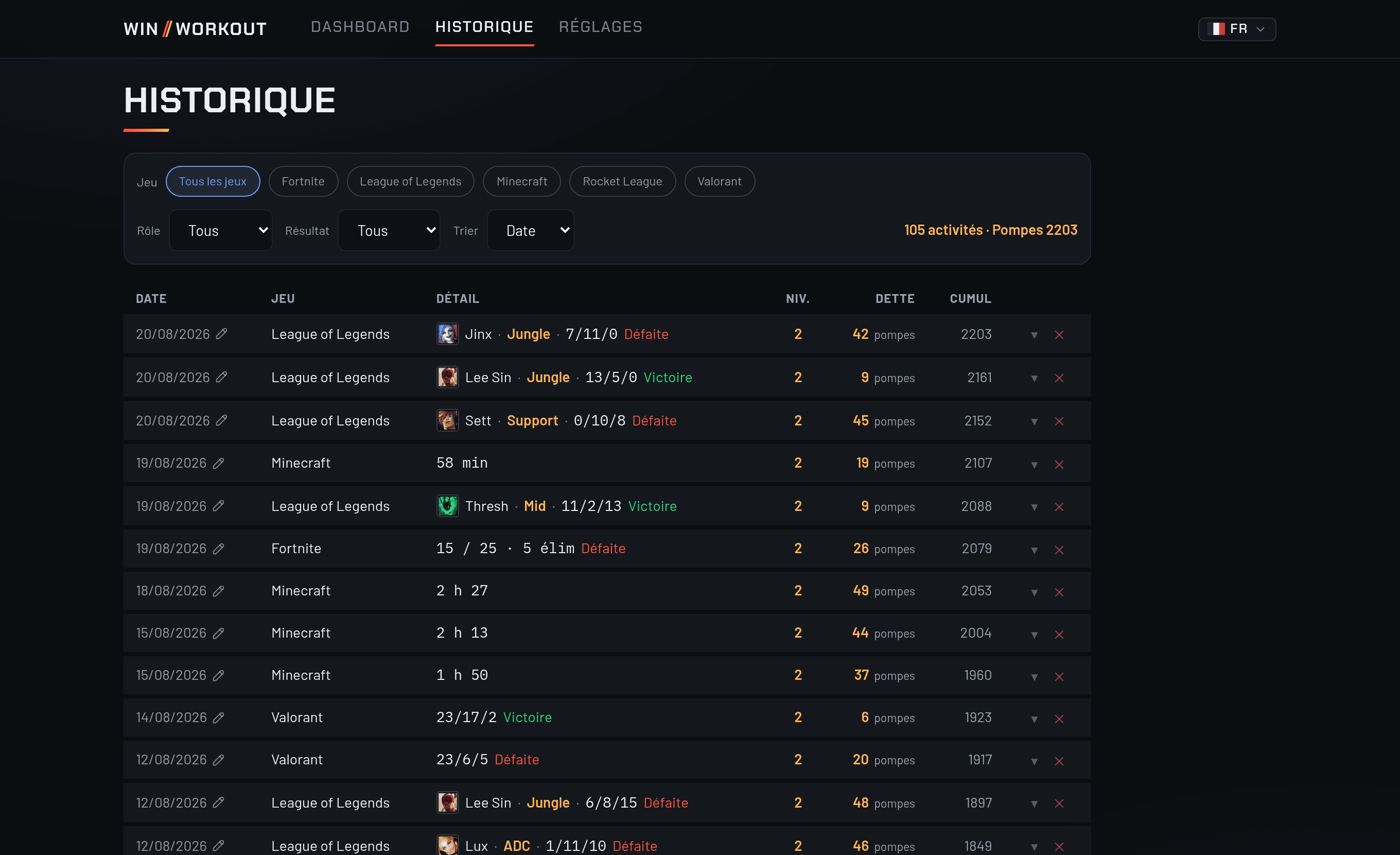 L'historique de Win or Workout : une liste de parties League of Legends, Valorant, Fortnite et Minecraft avec la dette de chacune et le cumul.