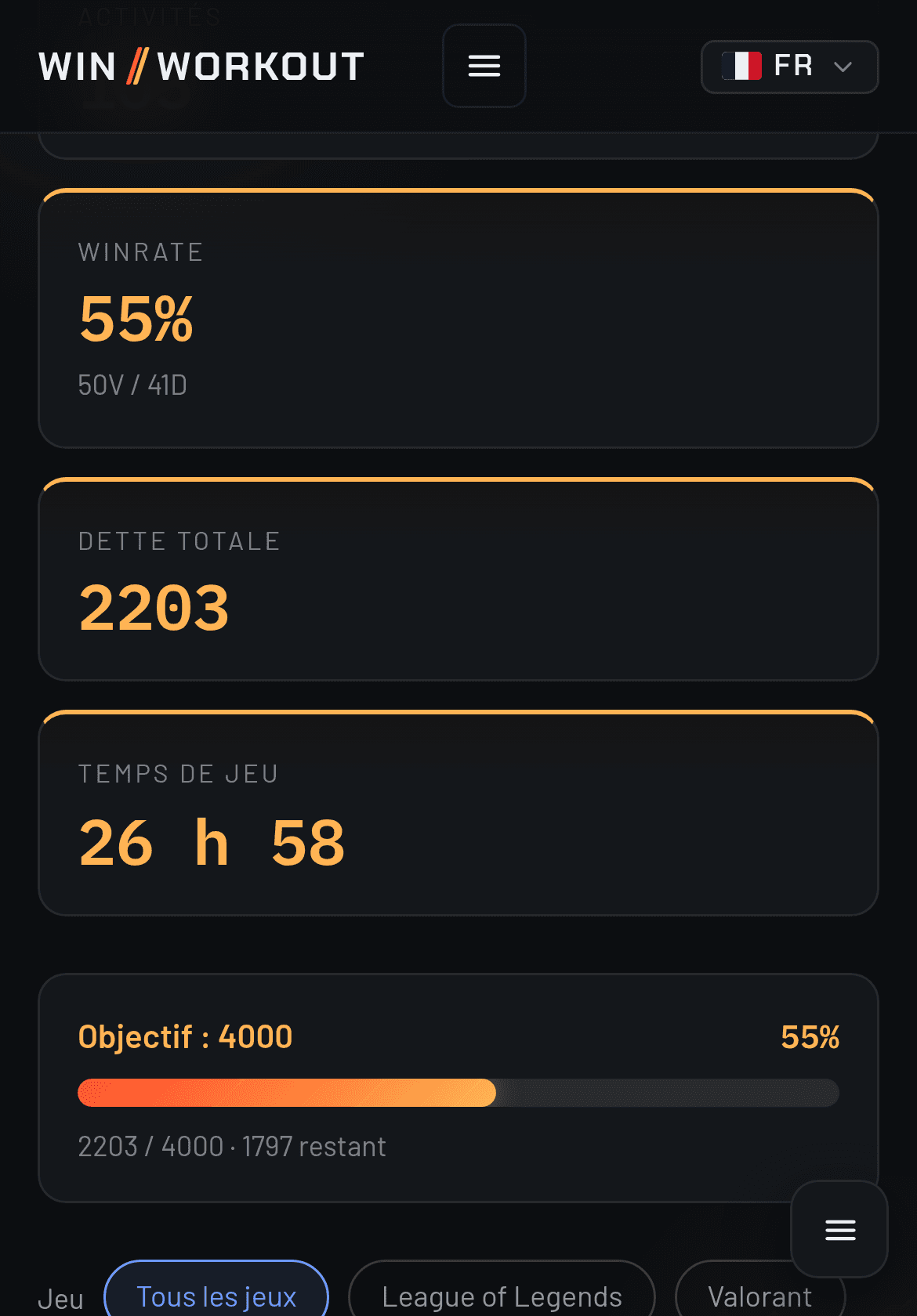 Win or Workout sur téléphone : le tableau de bord adapté à un écran étroit.